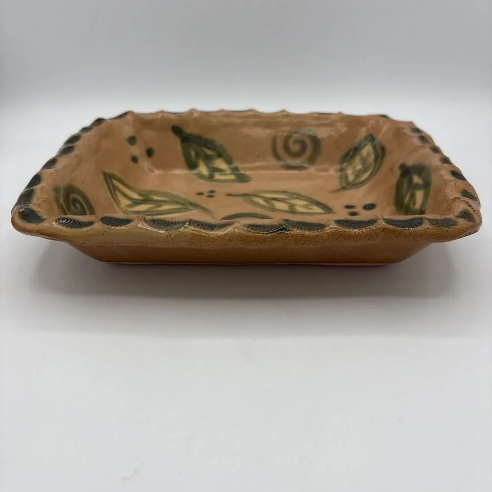 Vintage Signed Studio Pottery Tray Hand Painted Leaf Swirl Motif Terracotta Dish